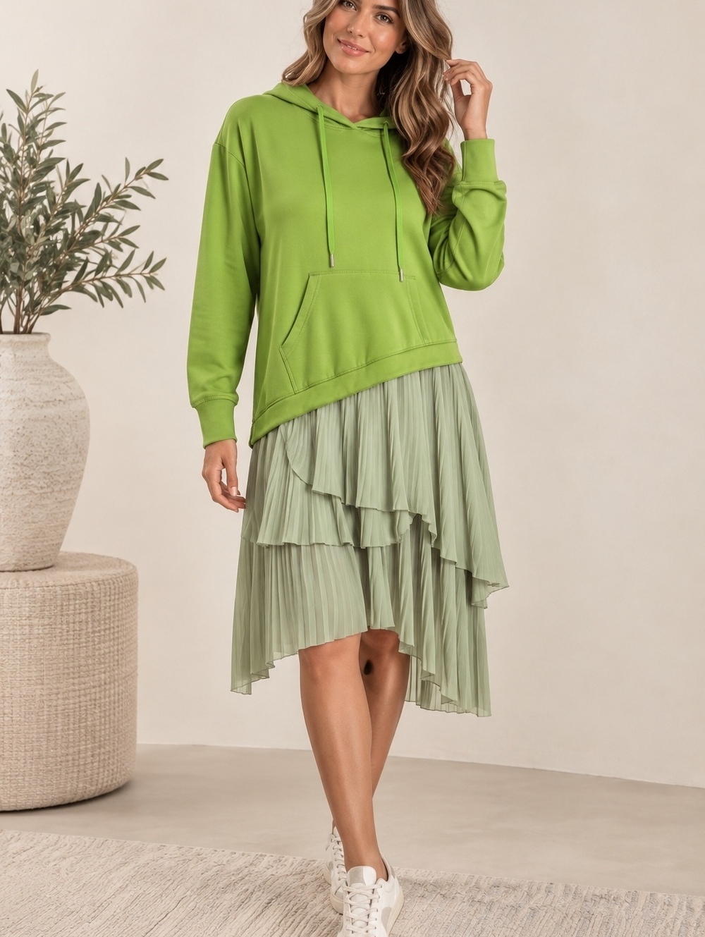 Vibrant Green Hoodie with Pleated Skirt Cotton Blend Large